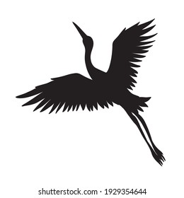 The silhouette of a flying crane on a white background. Vector illustration