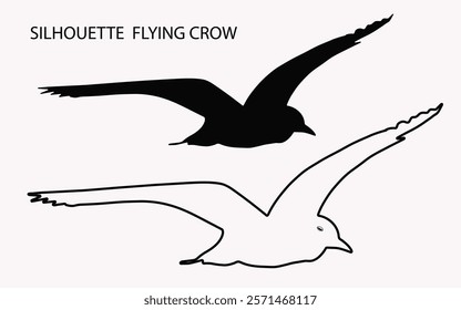 Silhouette Flying Crow Illustration with Vector Design. Outline Silhouette Crow.