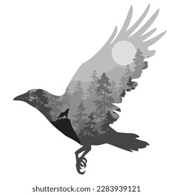 Silhouette of a flying crow. Inside there is a pine forest, full moon and a wolf howls at the moon. Vector illustration, isolated object	