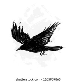Silhouette of a flying crow painted in ink, grunge style
