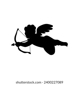 Silhouette of flying Cupid with bow and arrow on white backgroun