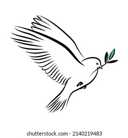 Silhouette of a flying dove with olive branch. White pigeon doodle. Vector illustration.