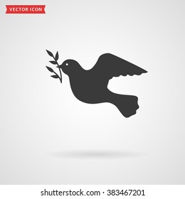 Silhouette of flying dove with olive branch. Icon isolated on white background. Peace concept. Vector illustration.