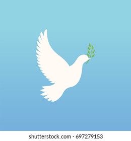 Silhouette of a flying dove with olive branch. International peace day. Peace symbol.