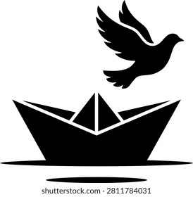 Silhouette of a flying dove over a paper boat icon