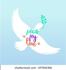 Silhouette of a flying dove with a text peace joy love on it. International peace day symbol. Vector illustration.