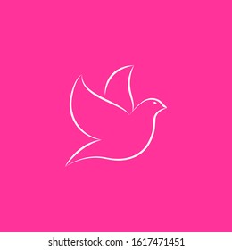 Silhouette of a flying dove . White pigeon doodle, pink color.