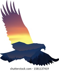 Silhouette of flying eagle with desert terrain.