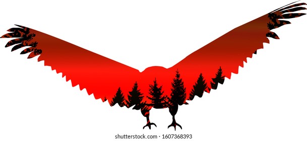 Silhouette of flying eagle with double exposure of pine trees. Red and black tones.
