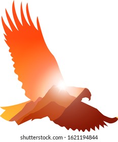Silhouette of flying eagle  with double exposure of mountains landscape.