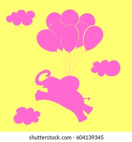 Silhouette of flying elephant with pink balloons on yellow vector background, eps 10