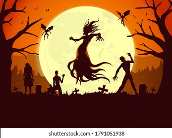 Silhouette of flying evil spirit and devil in the graveyard in full moon night. Concept Illustration about zombie ghost and fantasy.