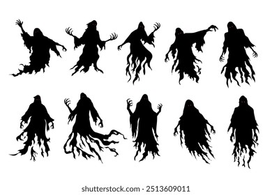 Silhouette of flying evil spirit wearing Black Cloaks in vector style collection. Graphic resource about ghost and fantasy.