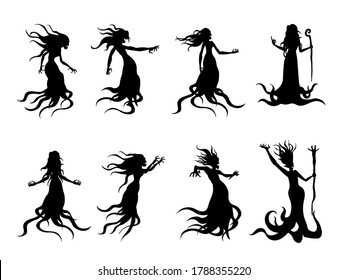 Silhouette Of Flying Evil Women Spirit Like A Witch Holding A Magic Wand In Vector Style Collection. Illustration About Whisper Ghost And Fantasy.
