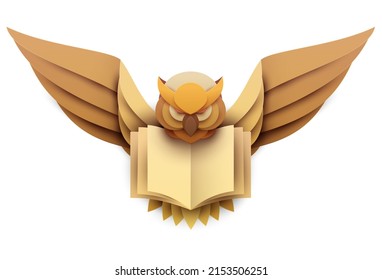 Silhouette flying golden owl with open book in paper cut style. Creative design composition. Mystical concept isolated on white background. Vector illustration.