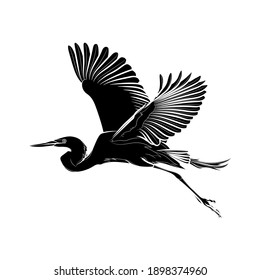 Silhouette of the flying great egret (Ardea alba). Black and white illustration. Vector.