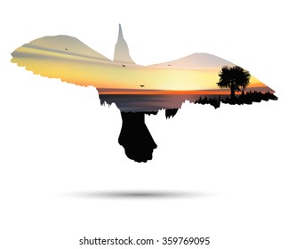 Silhouette of flying gull with palm trees, sea horizon and colorful sky. Eps 10.