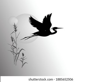 A silhouette of flying heron against the backdrop of a reeds and sun circle. Vector drawing.