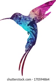 silhouette flying hummingbirds. within the different flowers and insects, white background 