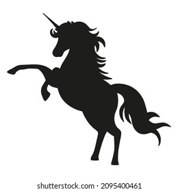 Silhouette of a flying, jumping unicorn. Black silhouette isolated on white background.Element for creating design and decoration.