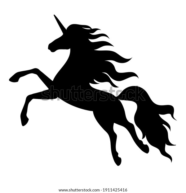 Silhouette of a flying, jumping unicorn.\
Black silhouette isolated on white background.Element for creating\
design and\
decoration.