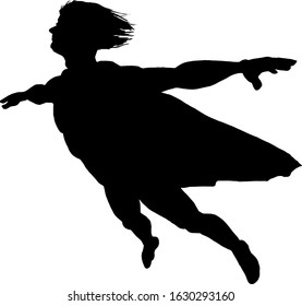 Silhouette of a flying man in a cape for the concept of super hero. Vector illustration. 