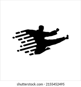 Silhouette of Flying Martial Artist Kick (Taekwondo, Karate, Pencak Silat, Kungfu) for Logo or Graphic Design Element. Vector Illustration