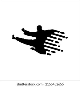 Silhouette of Flying Martial Artist Kick (Taekwondo, Karate, Pencak Silat, Kungfu) for Logo or Graphic Design Element. Vector Illustration