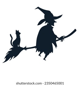 Silhouette of flying old witch in hat on broom with cat.  Black and white cartoon vector illustration of witch