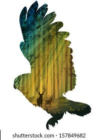 Silhouette Of A Flying Owl. Inside The Forest With Rays Of Light, Deer And Birds.white Background, Vector Illustration