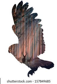 Silhouette Of A Flying Owl. Inside The Forest With Rays Of Light, Deer And Birds. White Background, Vector Illustration