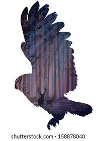 Silhouette Of A Flying Owl. Inside The Forest With Rays Of Light, Deer And Birds.white Background, Vector Illustration