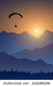 Silhouette of flying paraglider take a selfie with action camera above the high mountains in a light of sunrise. Vector illustration, EPS 10.