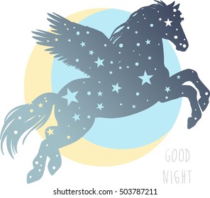 Silhouette of flying pegasus. Magic winged horse. Vector hand drawn illustration.