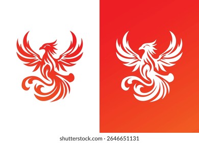 Silhueta voando a ilustração do logotipo da fênix, animal phoenix pássaro logotipo elemento gráfico, design do ícone. fundo de cor vermelho e branco