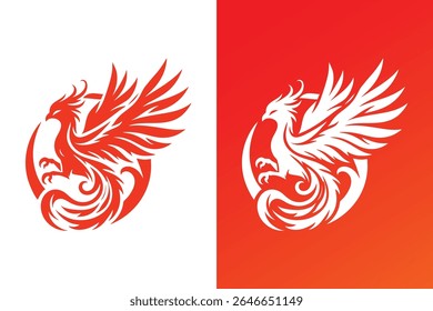 Silhueta voando a ilustração do logotipo da fênix, animal phoenix pássaro logotipo elemento gráfico, design do ícone. fundo de cor vermelho e branco
