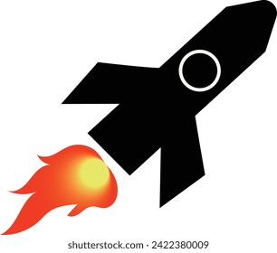 Silhouette of a flying rocket with a burning flame effect as a driving force