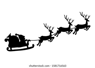 silhouette of Flying Santa Claus in a sleigh and Reindeer 