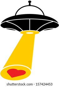 Silhouette of a flying saucer shooting a yellow beam of yellow light to abduct a red heart on the ground