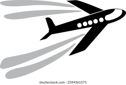 Silhouette of flying schematic cartoon airplane polluting the air with fuel emissions