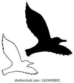 silhouette of a flying seagull on a light sky background. Dark ink hand drawn logo in art style vintage engraving graphic style. Close up view with space for text.