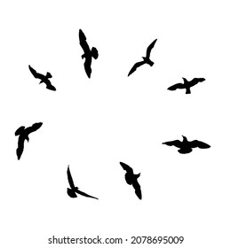 Silueta de aves de gaviotas voladoras sobre fondo blanco. Inspirador cuerpo de vela tatuado por el flash de la tinta de las gaviotas marinas. Vector.