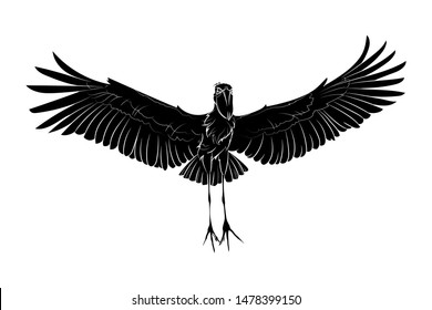 Silhouette of a flying shoebill. Graphic drawing. Vector.