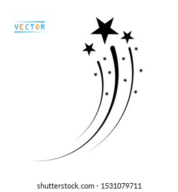 Silhouette of a flying star, comet with tail and Stardust or fireworks. Vector illustration on isolated light background.