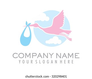 the silhouette flying stork carries a bag of babies in the sky vector cartoon character