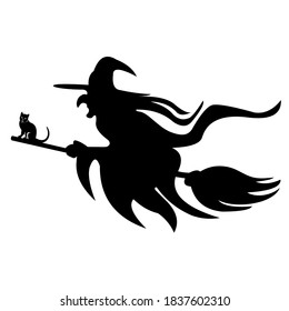 silhouette of a flying witch against a cat sitting in front on a magic broom