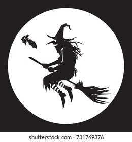 silhouette of a flying witch in the background of the moon vector illustration