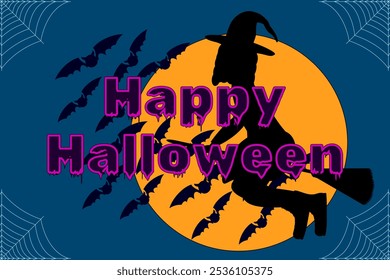 Silhouette of a flying witch with bats and a full moon background, perfect for Halloween designs, decorations, and spooky invitations.