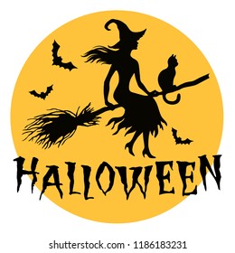 Silhouette of flying witch with cat on broom with full moon and stars, vector illustration, vintage  halloween greeting card.