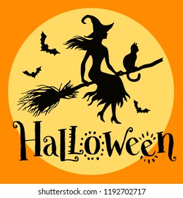 Silhouette of flying witch with cat on broom with full moon and stars, vector illustration, vintage  halloween greeting card.